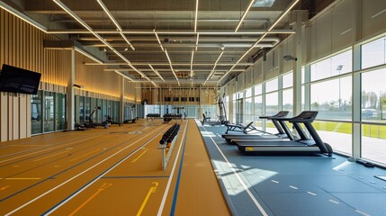 Fototapeta premium Modern Indoor Track and Fitness Facility with Treadmills and Natural Light