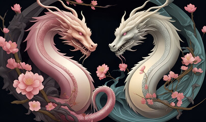 A bright yin-yang, circle with Chinese dragons surrounded by cherry blossoms