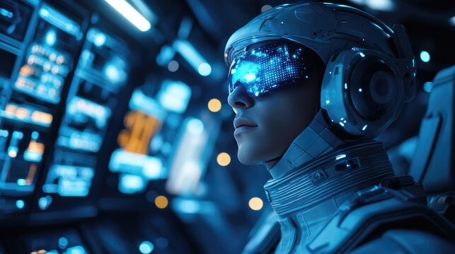 Futuristic Cyborg Pilot in High-Tech Control Room with Holographic Display