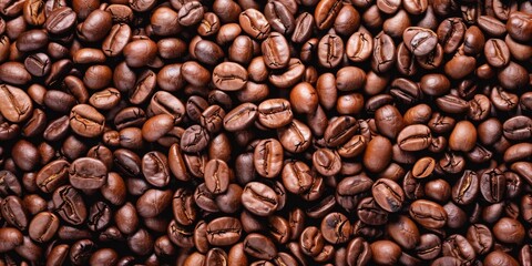 Fototapeta premium A rich array of roasted coffee beans spread out, perfect for creating a warm and inviting background for any coffee-themed project
