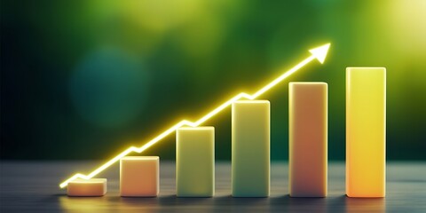 Glowing Arrow on Rising Bar Graph Illustrating Growth and Success on Green Background