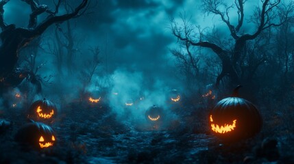 Spooky Jack-o'-Lanterns in a Foggy Forest