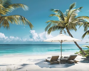 A sweeping beach vista featuring soft white sand, vibrant palm trees, and two sunbeds positioned under a broad umbrella