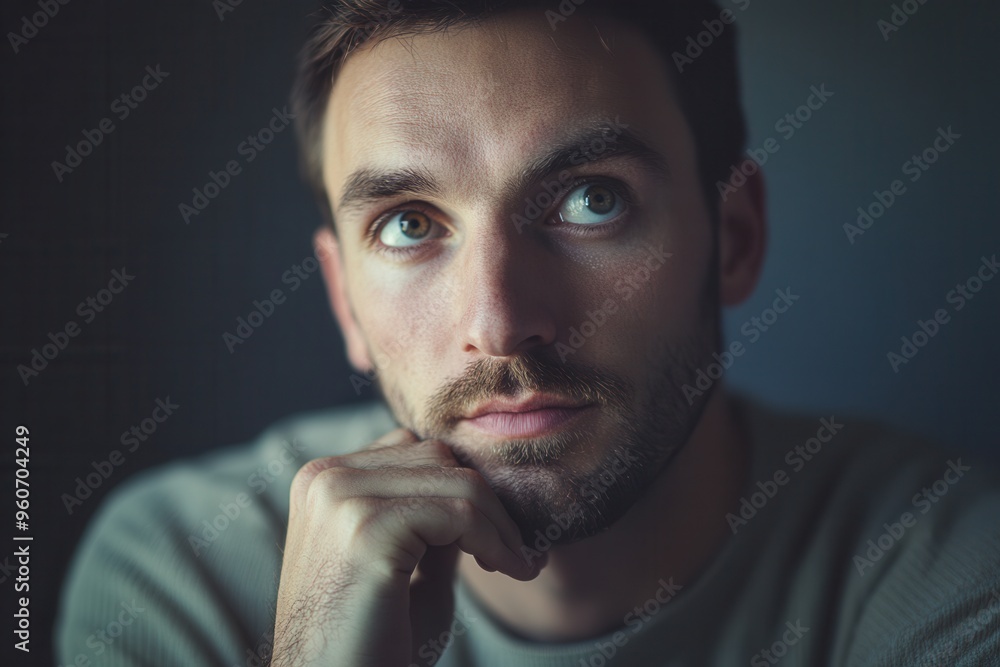 Poster a man with a serious expression gazes thoughtfully, lost in contemplation against a softly lit backg