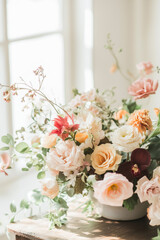 Fototapeta premium Bouquet of yellow and light orange anemones, roses and ranunculus in a vintage vase