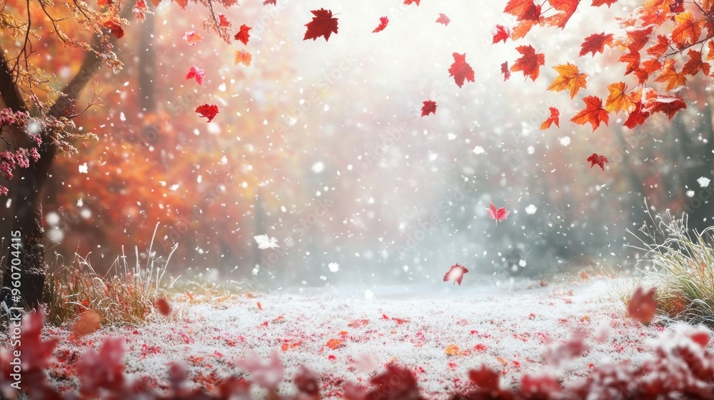 Poster snowfall in a forest with red autumn leaves