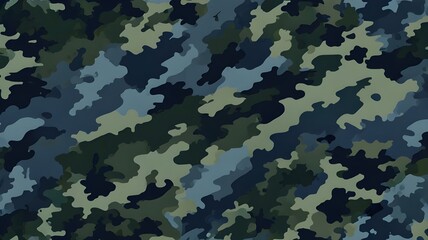 Fototapeta premium Blue camouflage illustration with military patterns in blue and green tones, seamless and seamless texture. A vector is a mathematical object that has magnitude and direction.