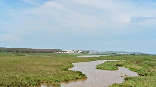 Coastal Wetlands near Igneada District. Scenic view of coastal wetlands with a winding river, grassy fields, and the distant town of Igneada under a clear sky.

