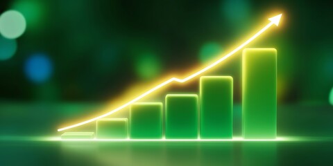 Glowing Arrow on Rising Bar Graph Illustrating Growth and Success on Green Background