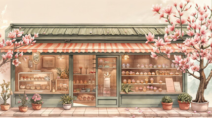 Fototapeta premium Charming Vintage Bakery Storefront with Blossoming Trees