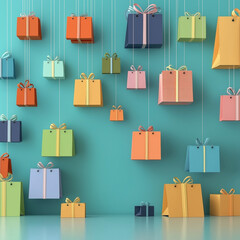 色とりどりのショッピングバッグとプレゼントボックス。包装。パッケージ