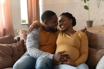 Joyful African American couple cherish moments as they anticipate their first baby while relaxing on a cozy sofa at home