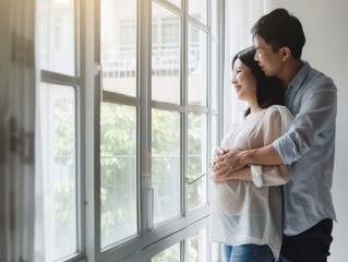 Fototapeta premium Joyful moment of a loving Japanese couple embracing pregnancy by the window at home, eagerly awaiting their baby's arrival