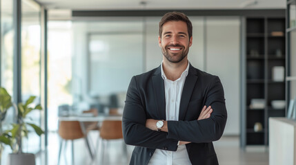 Fototapeta premium photorealistic portrait of a smiling young businessman standing in a modern apartment interior, representing success in property investment and real estate agreements. Great for vi