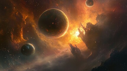 Obraz premium A Celestial City Amidst Blazing Nebulae and Planets