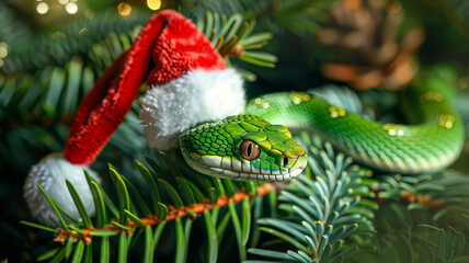 Cute green snake wearing a red and white Santa Claus hat on a spruce branch. Generated AI