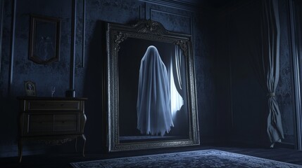 A Ghostly Figure Reflected in an Ornate Mirror