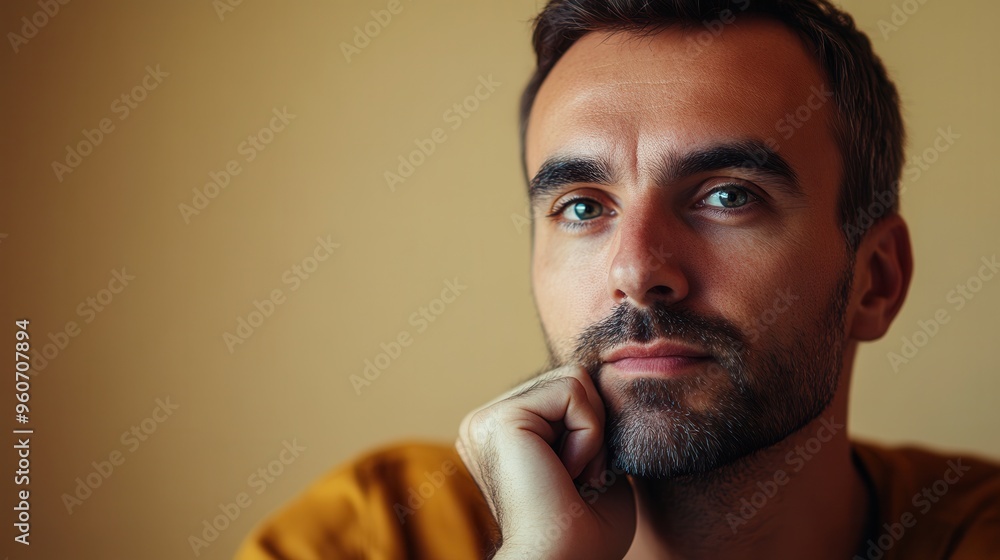 Poster a man with a serious expression rests his chin on his hand, reflecting deeply in a warm and inviting
