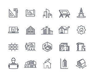 Architecture line icons set. Simple symbols with real estate scheme and building project plan. Editable stroke. Design for app. Outline vector illustration collection isolated on white background