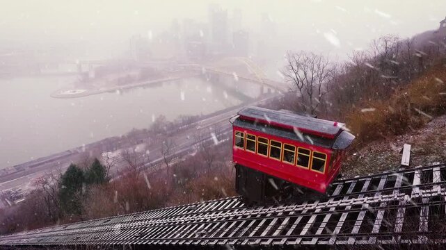 Aerial Footage of the Duquesne Incline in Pittsburgh during Winter 