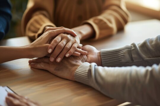 A gathering of supportive hands representing trust, compassion, and hope at a community rehab table during a group meeting