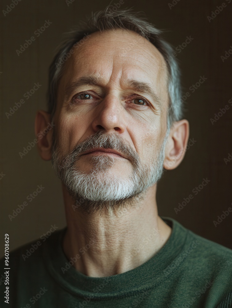 Poster The man displays a serious and contemplative expression, immersed in deep thought in a dimly lit setting. Generative AI