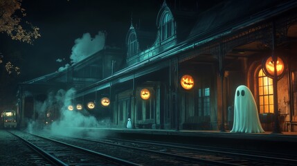 Obraz premium A Ghostly Figure Stands on a Train Platform Adorned with Jack-o'-Lanterns at Night