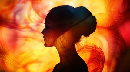 Silhouette of a Woman with Abstract Swirls of Red and Yellow Light