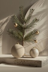 Minimalist 3D render with balls and pine trees on a podium, showcasing simplicity and elegance for