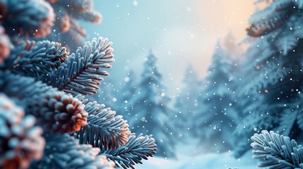 Winter blue background of snow and Christmas tree