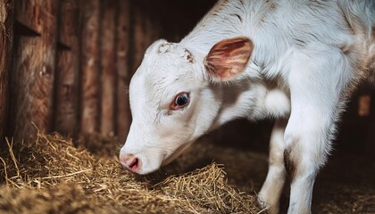 Obraz premium Close-up of a young white calf standing against a softly blurred backdrop, symbolizing livestock farming for dairy and meat production.