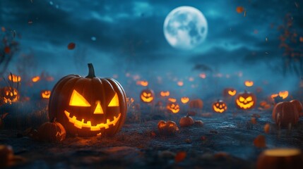 Obraz premium Jack-o'-lantern in a Field of Pumpkins Under a Full Moon