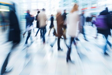 Busy morning rush hour in a modern urban setting with people moving swiftly through the bustling scene