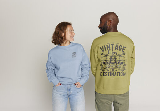 White Woman and Black Man Wearing Stylish Sweatshirts. Front and back views.