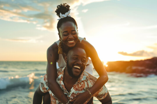 Joyful black couple enjoying a playful piggyback ride on a sunset beach adventure during summer vacation - Powered by Adobe