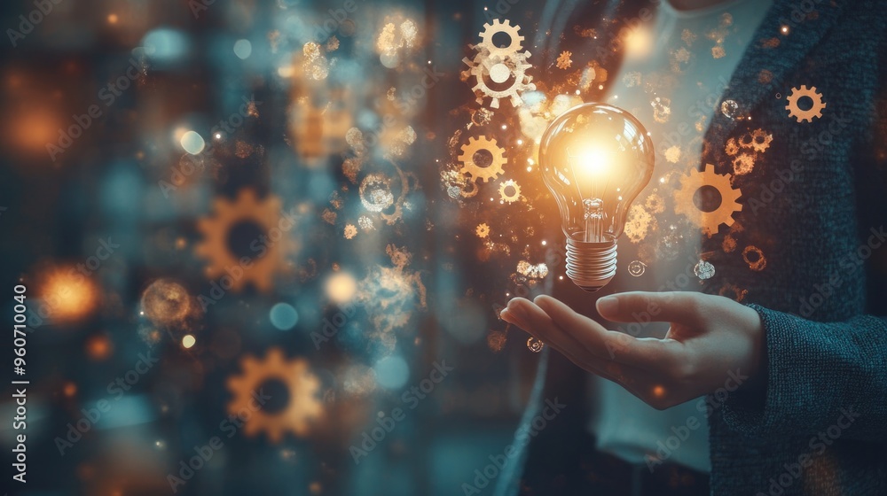 Poster innovation and progress: a lightbulb representing ideas and gears symbolizing mechanism