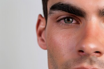 Naklejka premium A close-up portrait of a male model showcasing radiant skin and flawless texture, highlighting the results of effective skincare in natural light