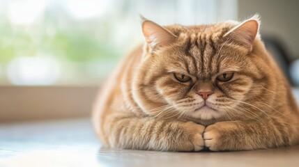 A close-up of a pensive brown tabby cat resting on a smooth surface, exuding a serene yet moody demeanor.