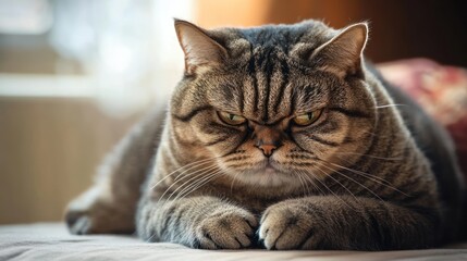 A grumpy brown tabby cat lounging indoors with a serious expression, showcasing its distinctive flat face and striking fur patterns.