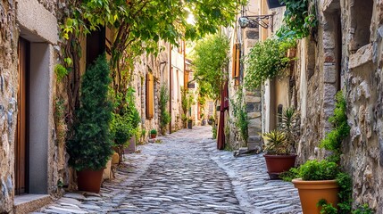 Obraz premium A narrow street lined with trees and potted plants
