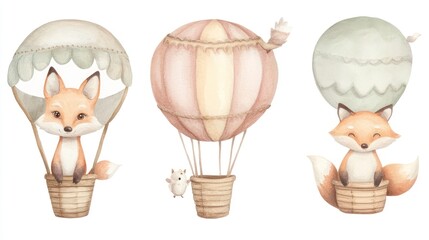 Adorable watercolor illustration of fluffy foxes in colorful hot air balloons, capturing a whimsical and playful mood.