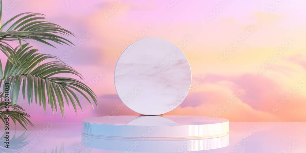 Poster a modern, white podium with smooth edges, standing on a reflective surface with a pastel gradient ba