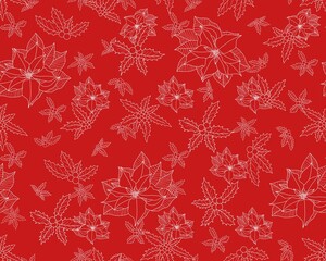 Celebration background seamless pattern Christmas symbol elements contour white line art sketch drawing holly poinsettia hand drawn red background