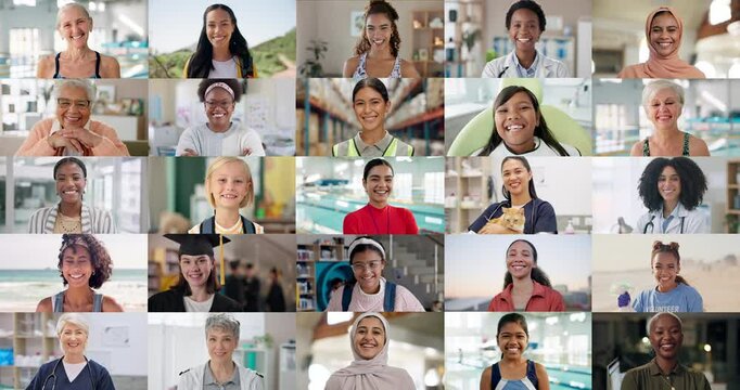 Face, women and girls with diversity, collage and multiracial with happiness, female empowerment and smile. Portrait, people and group with confidence, montage and pride with support and cheerful