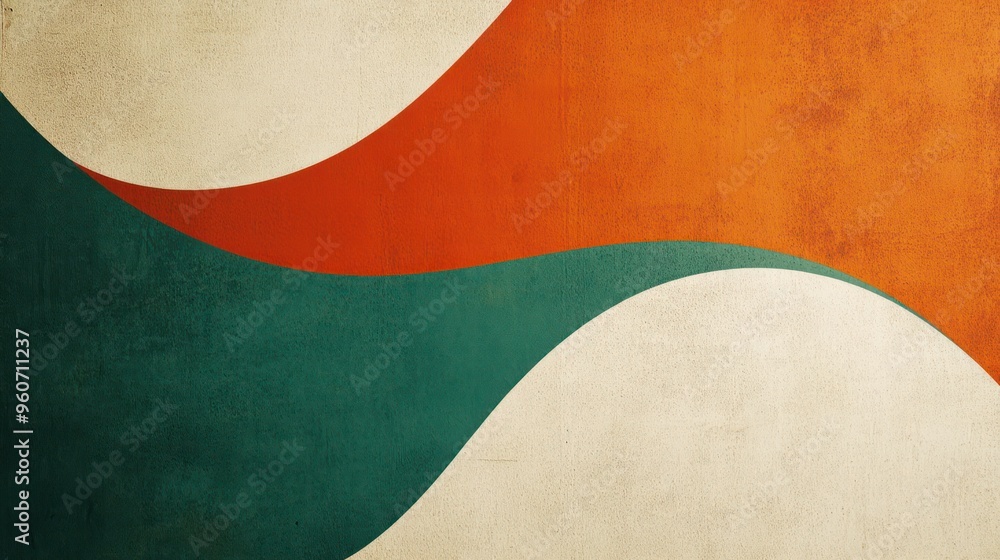 Poster an abstract design with flowing curves in orange, green, and cream, creating a vibrant and dynamic l