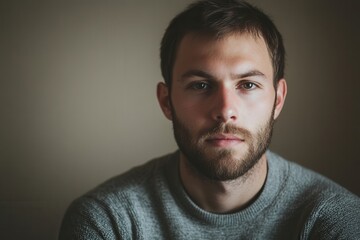 Fototapeta premium A contemplative man with a beard sits in low light, expressing serious thoughts and emotions while staring directly at the viewer. Generative AI