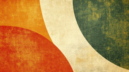 Abstract retro design featuring warm orange and green circular shapes on a textured beige background.