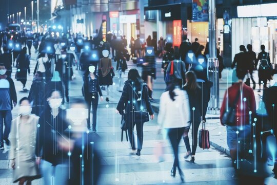 Crowd of business professionals navigates a bustling city street enhanced by technology for facial recognition on an urban evening - Powered by Adobe