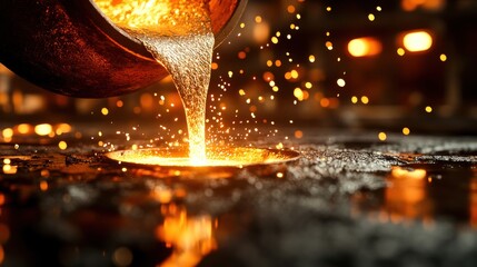 Hot molten metal streams into a prepared mold, creating a spectacle of glowing sparks and heat, capturing the artistry of metalworking in a foundry