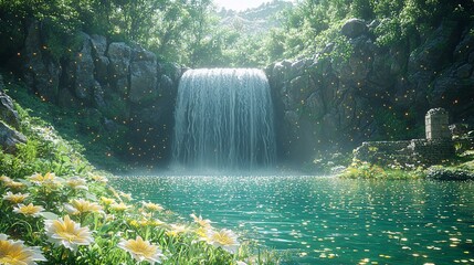 An enchanted waterfall flowing into a crystal clear pool surrounded by lush, vibrant greenery and exotic flowers